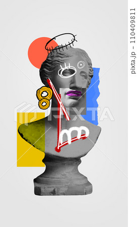 Black and white antique statue bust, plaster sculpture with doodles over white background. Contemporary art collage. Black and white antique statue bust, plaster sculpture with doodles over white background. Contemporary art collage. 110409811