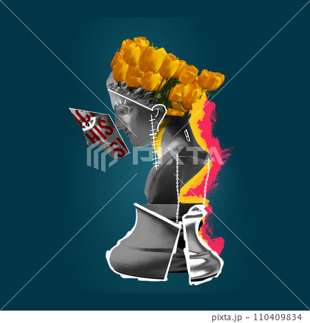 Blooming femininity. Antique statue bust with yellow tulips and doodles over dark blue background. Contemporary art collage. Blooming femininity. Antique statue bust with yellow tulips and doodles over dark blue background. Contemporary art collage. 110409834