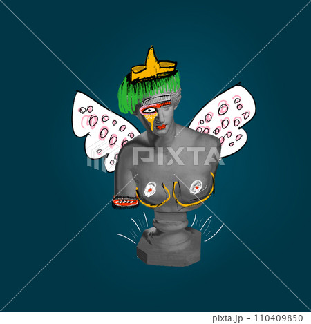 Black and white female antique statue bust with doodles, wings crown, body parts over dark blue background. Contemporary art collage. 110409850