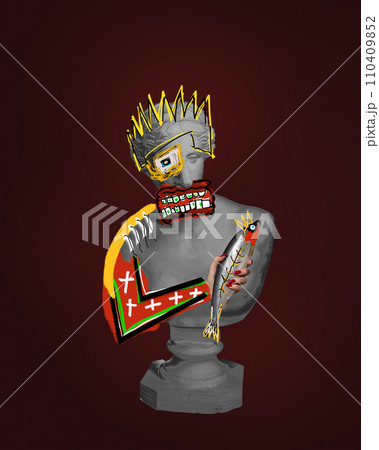 Antique statue bust wit colorful abstract drawings over dark red background. Royalty. Contemporary art collage. 110409852