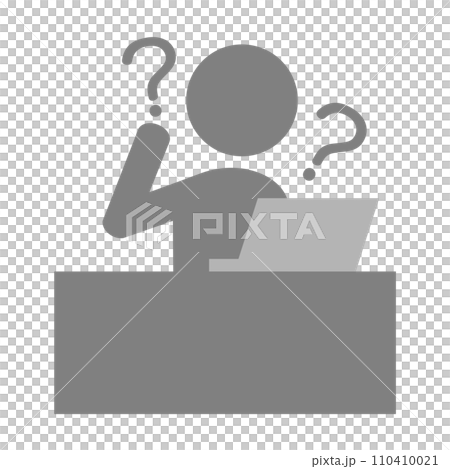 パソコンの前でデスク作業をする人が疑問に思っているイラスト素材 パソコンの前でデスク作業をする人が疑問に思っているイラスト素材 110410021