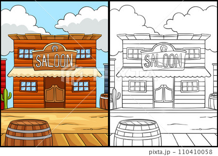 Cowboy Saloon Coloring Page Colored Illustration 110410058