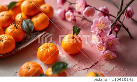 Plum blossoms flower and mandarin orange symbol of prosperity, lunar new year pink backdrop , Chinese new year background. Generative AI 110410143