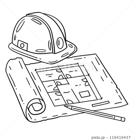 Construction Blueprint, Pencil Hard Hat Isolated  110410437
