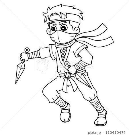 Ninja Holding a Kunai Isolated Coloring Page  110410473