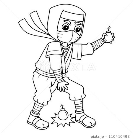 Ninja with Smoke Bomb Isolated Coloring Page 110410498