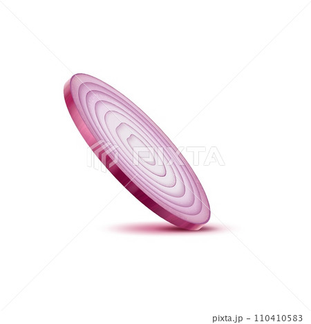 Realistic red raw onion slice, isolated vegetable 3d vector round bulb part, crisp and pungent, reveals concentric layers and sharp aroma. Healthy vitamin food, ingredient for culinary creations 110410583