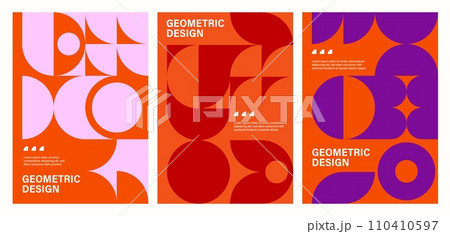 Modern geometric abstract posters with Bauhaus patterns. Business presentation cover page vector background, company poster or flyer template with Bauhaus red, purple and orange geometric patterns Modern geometric abstract posters with Bauhaus patterns. Business presentation cover page vector background, company poster or flyer template with Bauhaus red, purple and orange geometric patterns 110410597