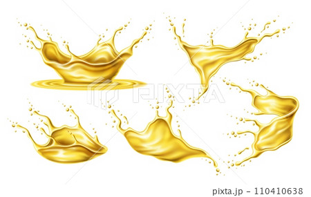 Oil splashes. Motor oil, juice and beer swirls. Isolated realistic 3d vector yellow glistening drips with splashing drops in motion. Liquid honey, beverage, nectar or fuel fluids captured mid-air Oil splashes. Motor oil, juice and beer swirls. Isolated realistic 3d vector yellow glistening drips with splashing drops in motion. Liquid honey, beverage, nectar or fuel fluids captured mid-air 110410638