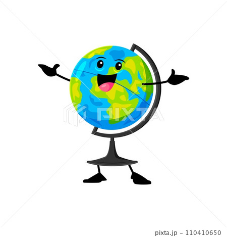 Cartoon cheerful funny school globe character. Isolated vector jovial stationery personage, sports a wide grin, standing with outstretched arms, radiating cheerfulness in its educational adventures Cartoon cheerful funny school globe character. Isolated vector jovial stationery personage, sports a wide grin, standing with outstretched arms, radiating cheerfulness in its educational adventures 110410650