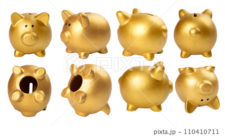 Set of golden piggy banks with angle view variation 110410711