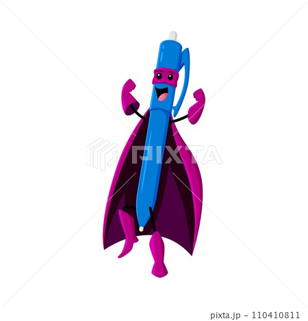 Cartoon pen school supply superhero and defender character. Isolated vector personage with a mighty nib and creative wit, fights villainous doodles and scribbles to save the art world from chaos Cartoon pen school supply superhero and defender character. Isolated vector personage with a mighty nib and creative wit, fights villainous doodles and scribbles to save the art world from chaos 110410811