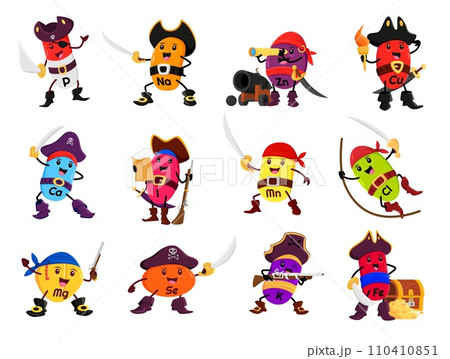 Cartoon vitamin and micronutrient pirate or corsair characters. Isolated vector P, Na, Zn and Cu, Ca, I, Mn Cl, Mg, Se, K or Fe rover capsules yellow 110410851