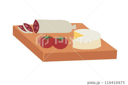Cheese, salami, and tomatoes on cutting board. Flat design of appetizer platter. Gourmet snacks vector illustration. 110410873