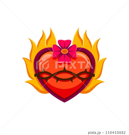 Mexico sacred Jesus heart retro sticker or cartoon icon. Mexico tattoo, Latin America culture apparel print or Christian religion sacred heart symbol with fire, crown of thorn and clover flower Mexico sacred Jesus heart retro sticker or cartoon icon. Mexico tattoo, Latin America culture apparel print or Christian religion sacred heart symbol with fire, crown of thorn and clover flower 110410882