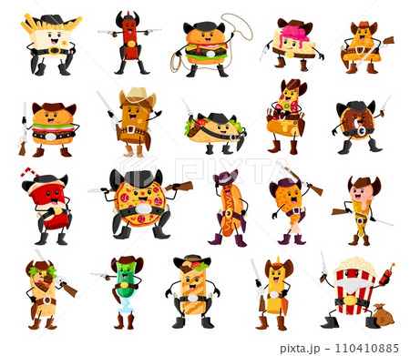 Cartoon fast food cowboy and ranger, bandit and sheriff characters. Vector french fries, chicken drumstick, nachos, donut and burrito. Pop corn, coffee, ice cream and taco. Pizza, cheesecake, burger 110410885