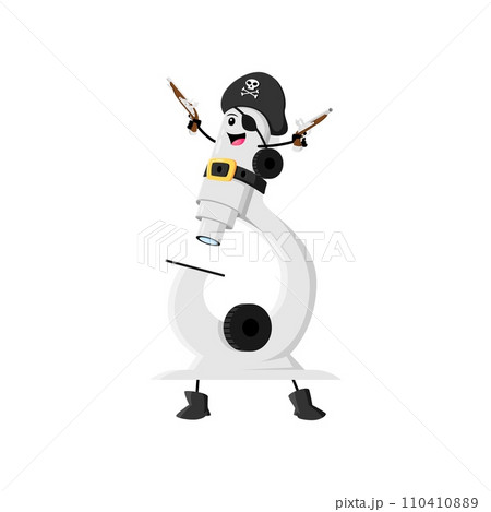 Cartoon microscope school supply pirate and corsair character. Isolated vector tool personage sporting an eye patch, wielding pistols, ready to explore the microscopic world with scientific curiosity 110410889