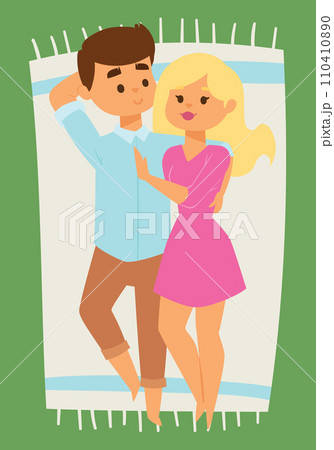 Young caucasian couple relaxing in a notebook dreamy atmosphere. Blonde girl and brown-haired boy smiling, romantic mood vector illustration. Young caucasian couple relaxing in a notebook dreamy atmosphere. Blonde girl and brown-haired boy smiling, romantic mood vector illustration. 110410890