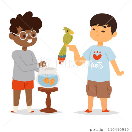 Two boys with pet goldfish and parrot. One feeds fish in bowl, other holds a green parrot. Children with pets and animal care vector illustration. 110410919