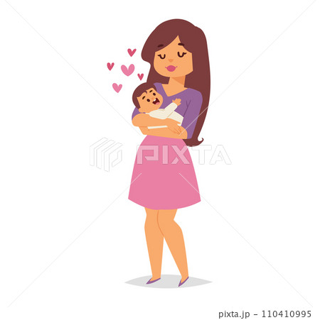Mother lovingly holding her baby with care and affection. Young woman cradling a happy infant surrounded by hearts. Motherhood and love concept vector illustration. Mother lovingly holding her baby with care and affection. Young woman cradling a happy infant surrounded by hearts. Motherhood and love concept vector illustration. 110410995