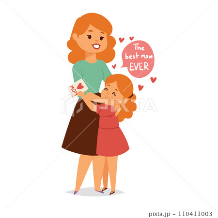 Young girl hugging her mother, both smiling, child holding a card with a heart, speech bubble 'best mom ever'. Mother's Day celebration, showing love and gratitude vector illustration. 110411003