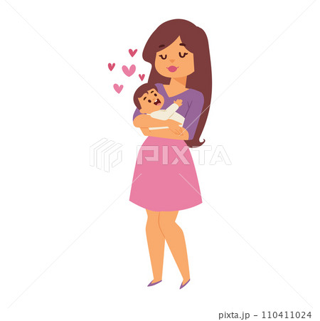 Mother holding her baby with love and care, both smiling. A young woman showing affection to her child. Motherhood and family bond vector illustration. 110411024