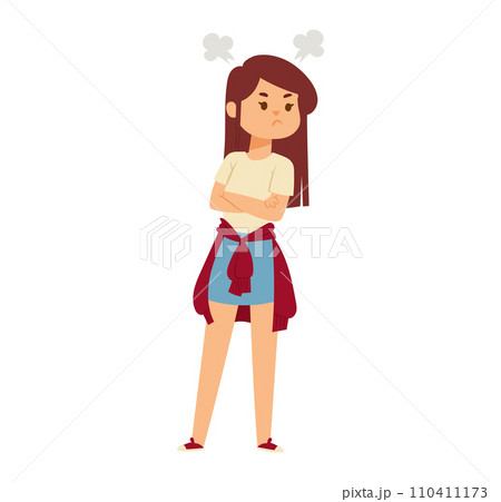 Young girl with angry expression, arms crossed, wearing a sweater tied around her waist. Upset child cartoon character showing frustration vector illustration. 110411173