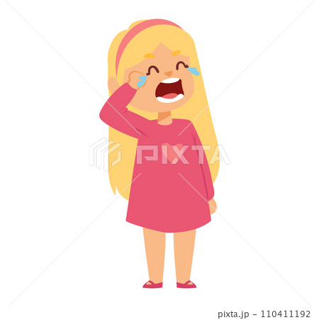 Crying blonde little girl in pink dress wiping tears. Upset child, emotional distress, unhappy preschooler vector illustration. 110411192