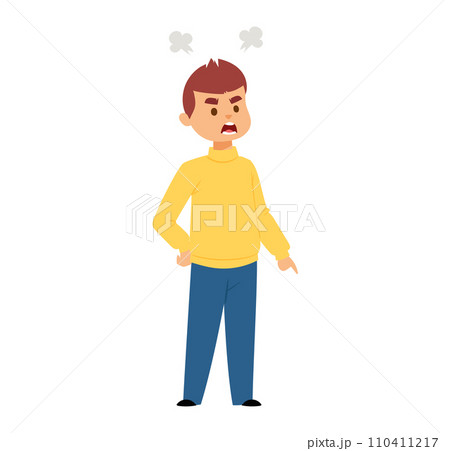 Angry young boy with steam coming out of ears. Child in yellow shirt and blue pants showing frustration. Emotional expression and childhood behavior vector illustration. 110411217