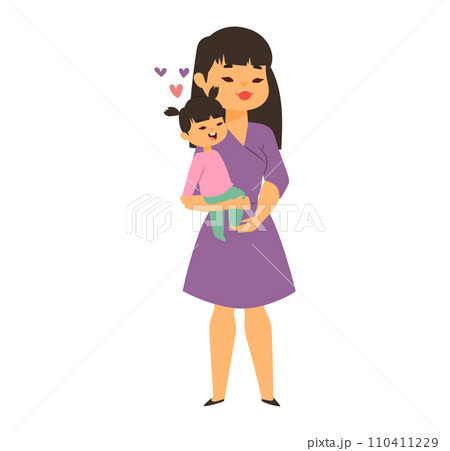Asian mother holding her young daughter with love and affection. Both are smiling, showing a happy family moment. Mother and child bonding vector illustration. Asian mother holding her young daughter with love and affection. Both are smiling, showing a happy family moment. Mother and child bonding vector illustration. 110411229