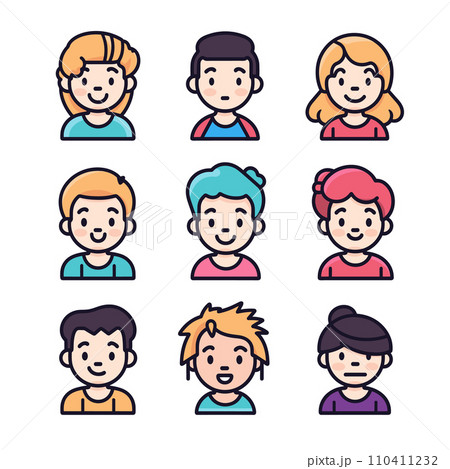 A collection of nine colorful cartoon avatars representing diverse people in a vector illustration. A collection of nine colorful cartoon avatars representing diverse people in a vector illustration. 110411232
