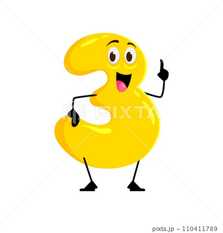 Cartoon math number three character with expressive eyes and cute charming smile, showing pointing gesture. Isolated vector funny yellow digit 3 personage perfect for children mathematics education Cartoon math number three character with expressive eyes and cute charming smile, showing pointing gesture. Isolated vector funny yellow digit 3 personage perfect for children mathematics education 110411789