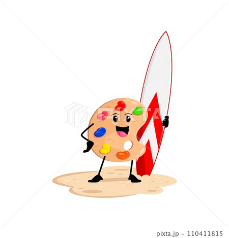 Cartoon paint palette school supply character on summer beach vacation. Isolated vector artist tool personage stand on sandy shore holding surf board in hands, ready for surfing adventure on sea waves 110411815