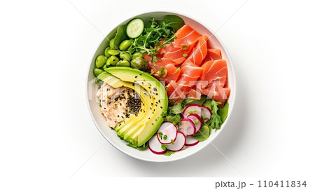 Poke bowl with salted salmon, avocado, edamame beans 110411834