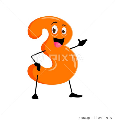 Cartoon funny math number three character with expressive eyes and charming smile. Isolated cute vector orange colored digit 3 personage perfect for children books and mathematics educational games Cartoon funny math number three character with expressive eyes and charming smile. Isolated cute vector orange colored digit 3 personage perfect for children books and mathematics educational games 110411915