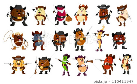 Cartoon nut, bean and legume cowboy, ranger, bandit and ranger characters. Vector coconut, peanut, walnut, sunflower or pumpkin seeds. Macadamia, almond, cashew or pistachio, coffee and brazil grains 110411947