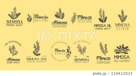 Mimosa flower minimal emblem, natural skin care cosmetics and extract embrace beauty of nature. Vector labels for cosmetic brand symbolize purity and grace through simple yet elegant blooms and fonts 110412015