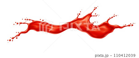 Red wave of tomato juice or ketchup sauce splash in long flow spill, realistic vector. Red paint, wine or berry jam and fruit syrup wave splash with drops splatter for dessert sauce and tomato ketchup 110412039