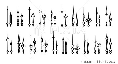 Clock hands, isolated watch arrows and time pointers. Old vintage hour, minute and second hands vector silhouettes with antique decorations and metal ornaments. Classic clock hands, clockworks themes 110412063