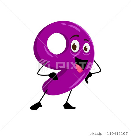 Cartoon funny math number nine character. Isolated vector cute, quirky anthropomorphic 9 creature with googly eyes, a mischievous grin, and a penchant for playful antics and unexpected adventures Cartoon funny math number nine character. Isolated vector cute, quirky anthropomorphic 9 creature with googly eyes, a mischievous grin, and a penchant for playful antics and unexpected adventures 110412107