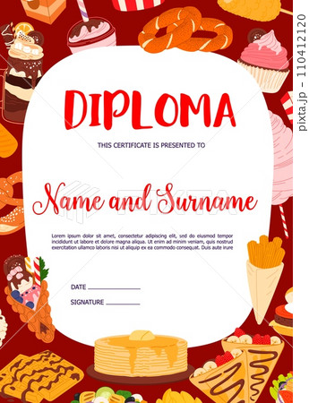 Diploma template. Fast food, desserts and drinks vector certificate or award. Vertical diploma with background frame of egg burger, Hong Kong ice cream, pancake, churros and shawarma, corn and simit 110412120