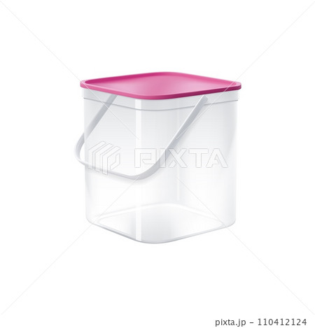 Realistic plastic bucket, container or bin. Isolated 3d vector transparent empty pail with handle and pink lid. Empty square package template for storage of foodstuff, paint or plaster, front view 110412124