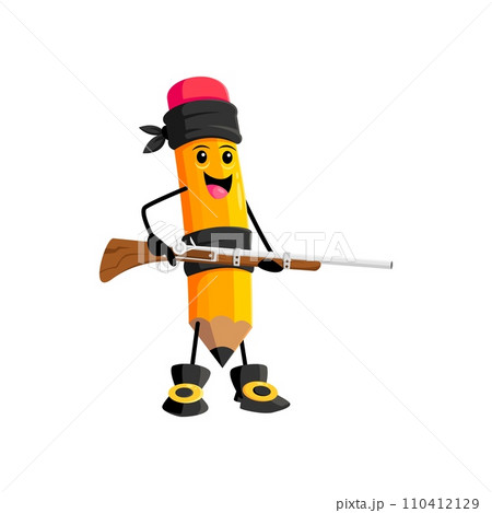 Cartoon pencil school supply pirate and corsair character with rifle in hands. Isolated vector Captain Sketch adventurous writing tool personage. Daring rover creating artful mischief in the high seas 110412129