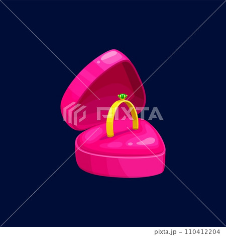 Cartoon wedding ring gleaming with green gemstone. Vector jewelry item, nestled in an elegant, velvet, pink, heart-shaped open box, a symbol of eternal commitment and love, promise lifetime together 110412204