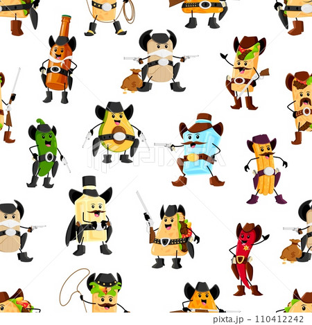 Cartoon cowboy and sheriff tex mex characters pattern. Textile vector pattern, wallpaper or wrapping paper print with beer, tamale, burrito, enchilada, tequila and pulque cute Wild West personages 110412242