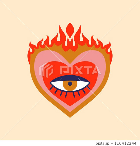 Mexico sacred heart vintage tattoo. Mexican decoration, Christian religion God heart spiritual tattoo or vector patch. Latin America culture love symbol with flame and eye 110412244