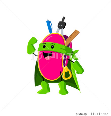 Cartoon cartoon pencil case school supply superhero and defender character. Isolated vector personage wear cape and mask demonstrate muscles, featuring vibrant colors and stationery for daily studies 110412262