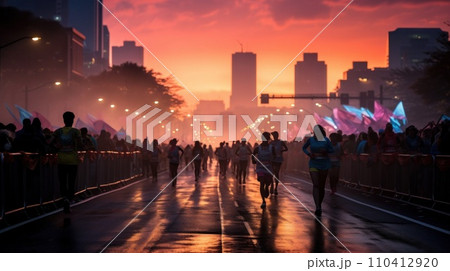 AI-generated content. Silhouette of different people, men and women running in public park on warm autumn day. Marathon competition 110412920