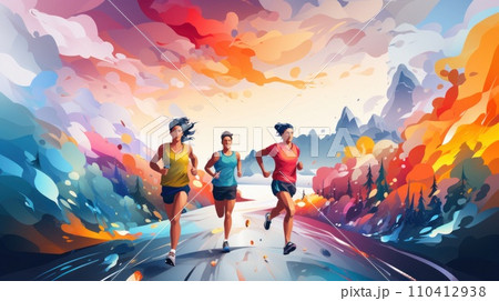AI-generated content. Watercolor art. Group of different people, men and women taking part in marathon, running outdoor on warm day. Mountain road 110412938