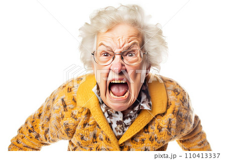 Portrait of angry senior woman pointing at camera. Isolated on white background, AI generated 110413337